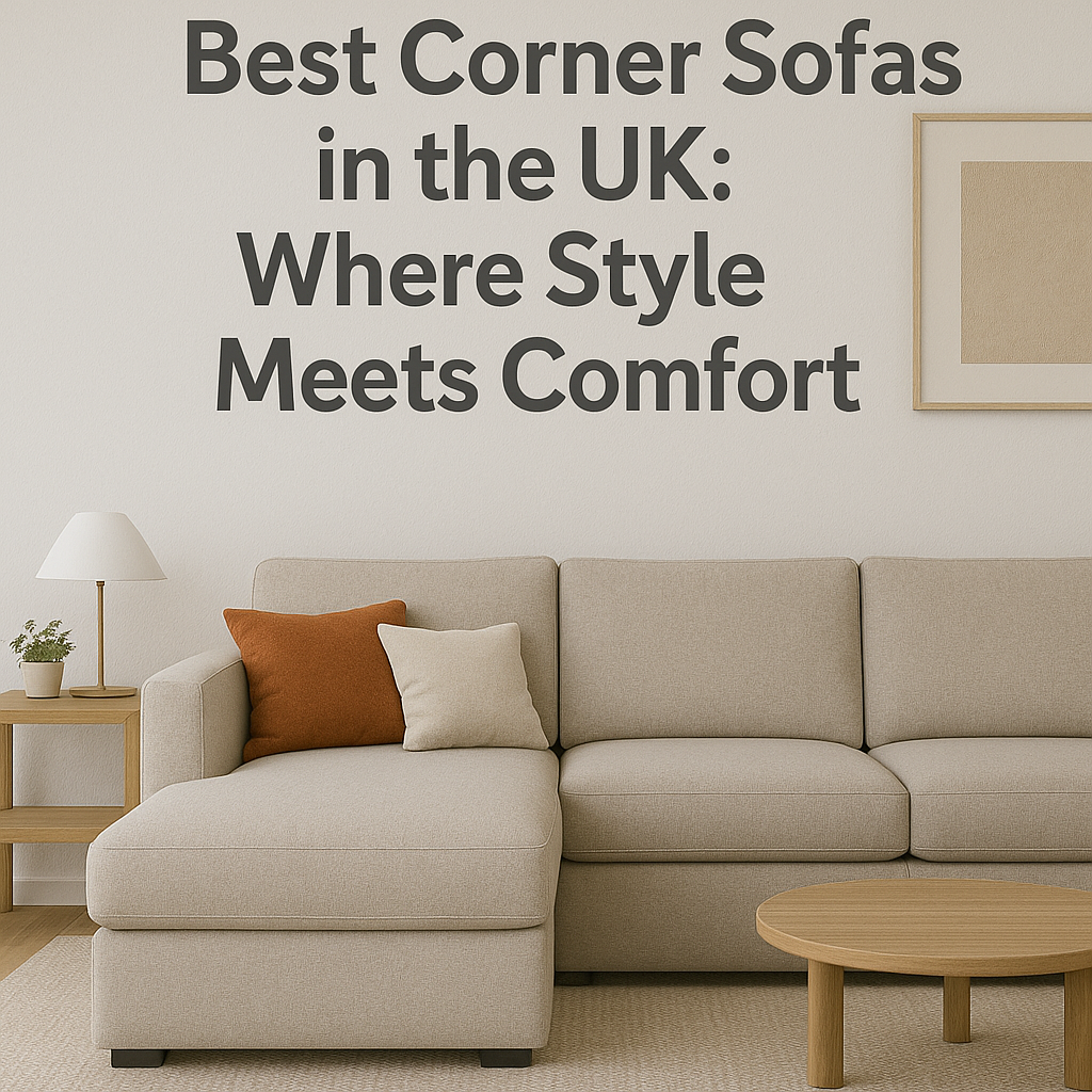 Corner sofa featuring neutral upholstery and decorative pillows, accompanied by a wooden coffee table and lamp, with text overlay "Best Corner Sofas in the UK: Where Style Meets Comfort."