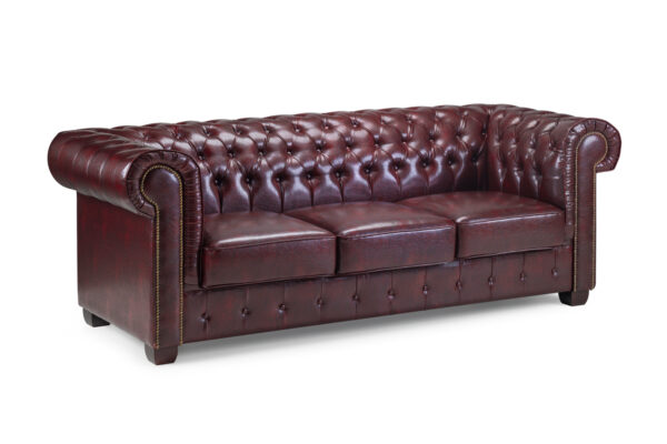Elegant Chesterfield 3 seater sofa in oxblood red leather – front-facing view showcasing tufted design.