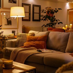 a cozy, well-maintained living room featuring an inviting sofa adorned with plush cushions, stylish throws, and a neatly organized coffee table, all bathed in warm artificial lighting that highlights the room's elegant decor.