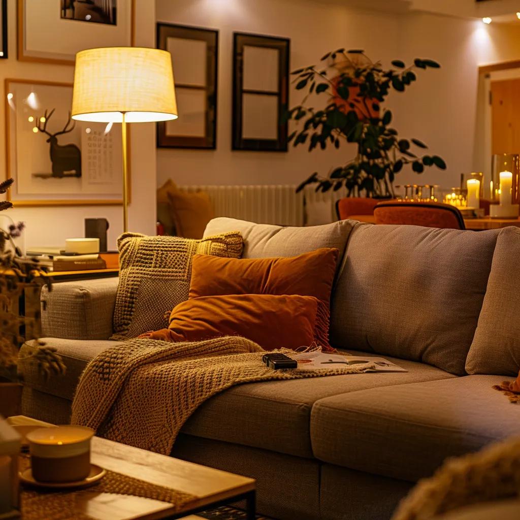 a cozy, well-maintained living room featuring an inviting sofa adorned with plush cushions, stylish throws, and a neatly organized coffee table, all bathed in warm artificial lighting that highlights the room's elegant decor.