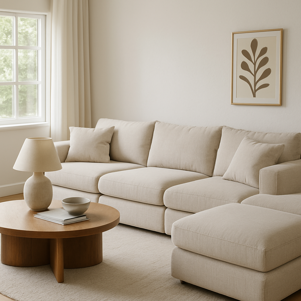 Modern modular sofa in a cozy living room setting, featuring light beige upholstery, decorative pillows, a round wooden coffee table with books, and a soft lamp, emphasizing comfort and style for small spaces.