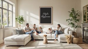 Family relaxing on easy-clean fabric sofa in bright UK living room