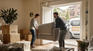 Young UK couple moving sofa into new home, quick delivery van outside