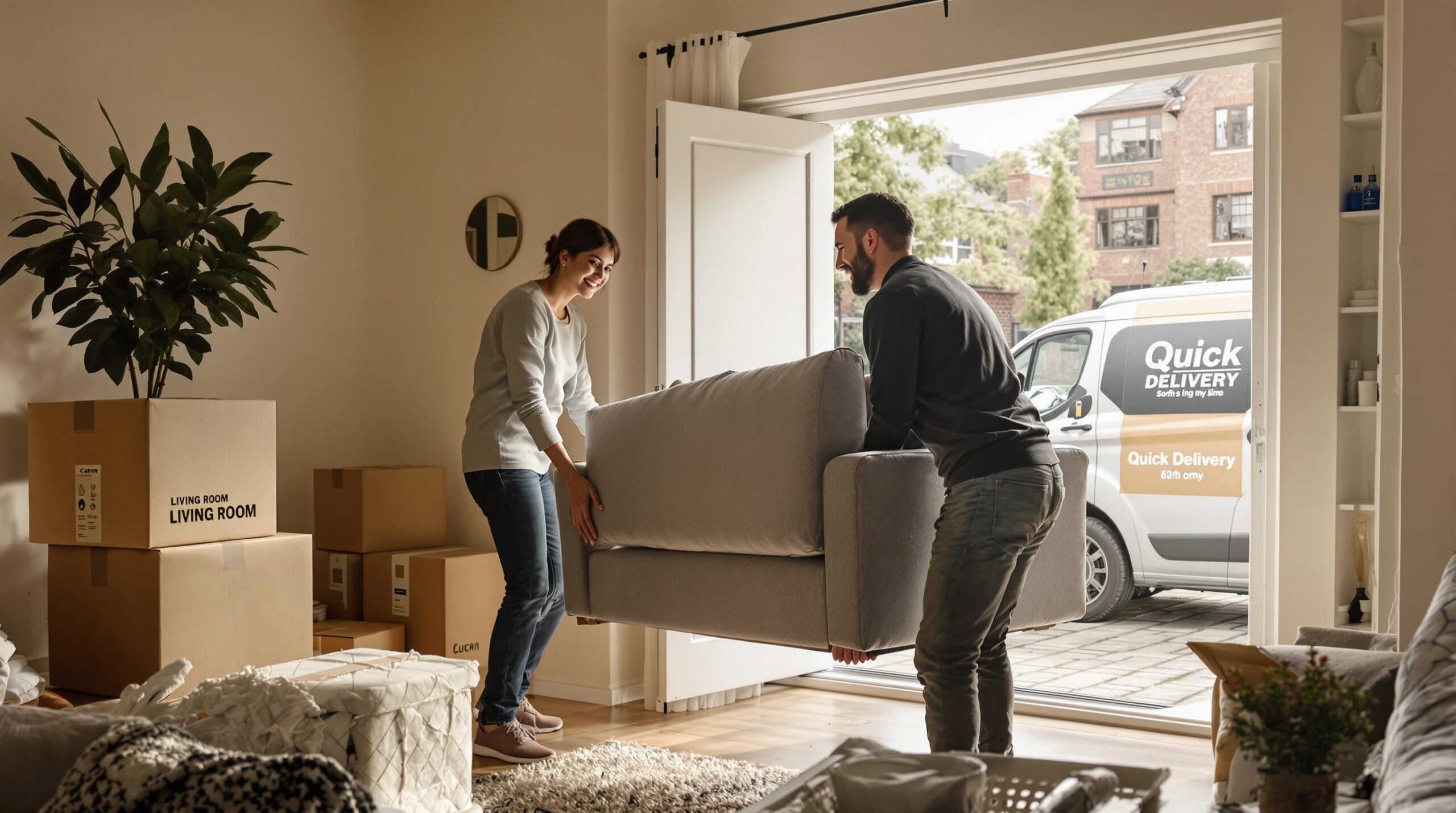Young UK couple moving sofa into new home, quick delivery van outside