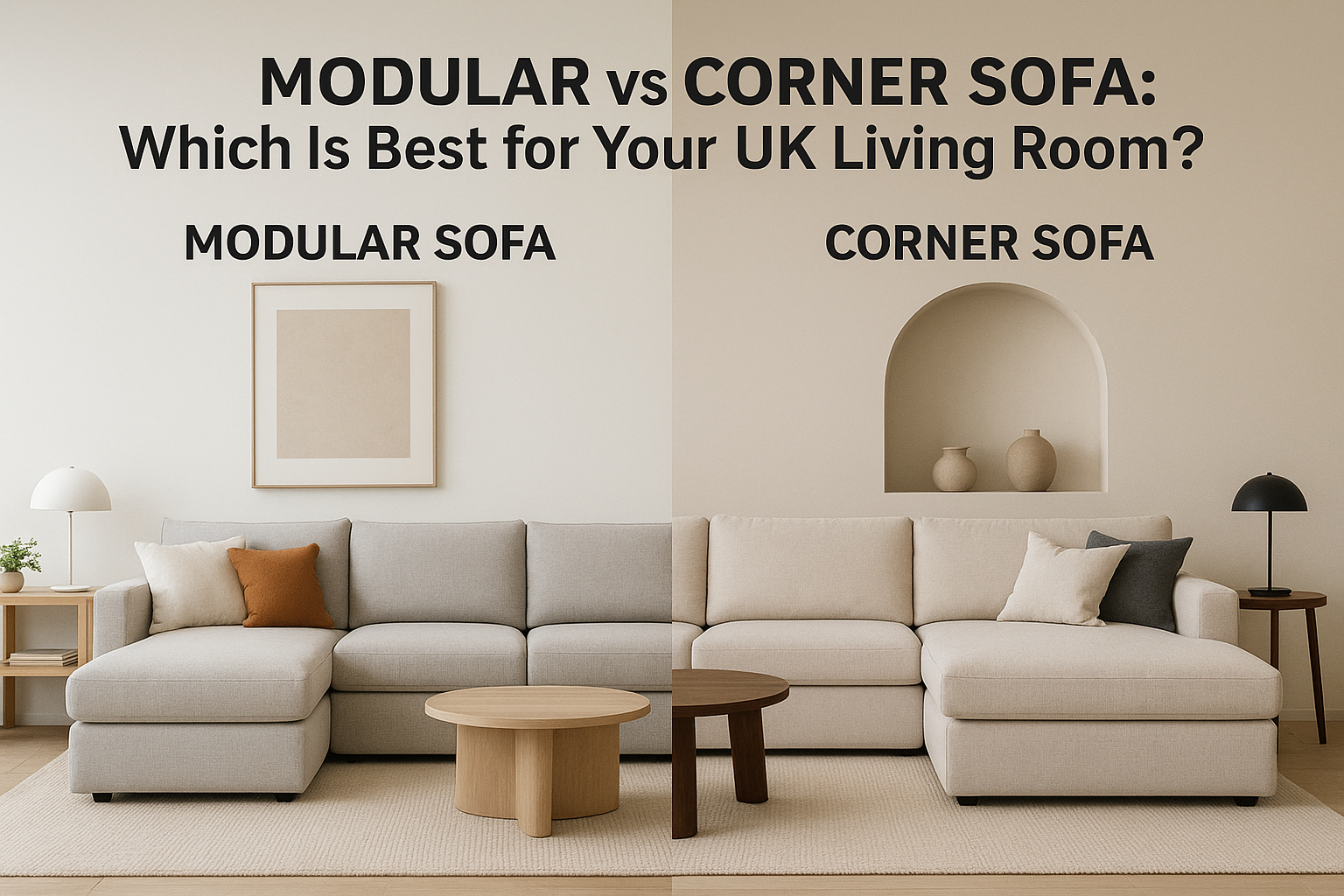 Modular and corner sofa comparison in a stylish living room setting, featuring text highlighting "Modular vs Corner Sofa" and a cozy interior design suitable for UK small living rooms.
