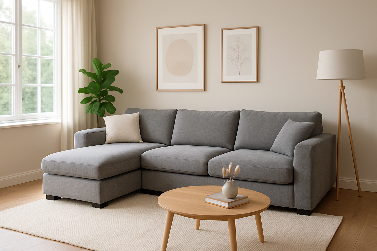 Modern gray sofa bed in a cozy living room setting, featuring decorative pillows, a wooden coffee table with a vase, and framed wall art, highlighting stylish sofa care and maintenance.