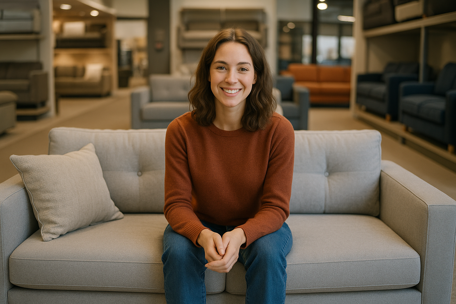 Woman smiling while sitting on a modern gray sofa in a furniture showroom, showcasing comfortable sofa options for potential buyers.