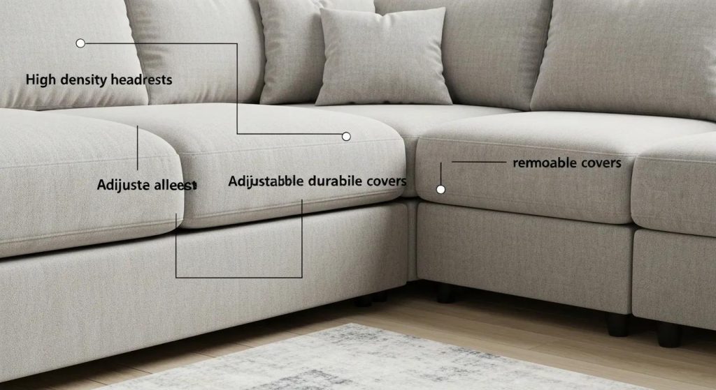 comfy small corner sofa for a studio flat 6 Close-up of a small corner sofa highlighting comfort features like high-density foam and adjustable headrests