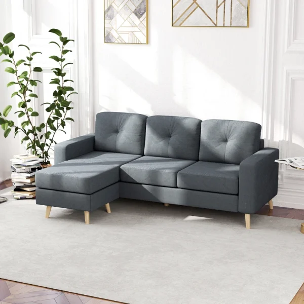 Modern linen-look corner sofa with chaise lounge and wooden legs