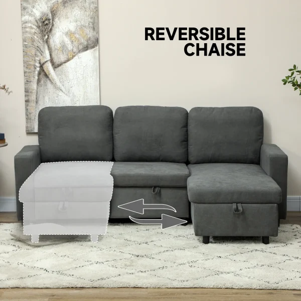 Storage space revealed under chaise of L-shaped sleeper sofa