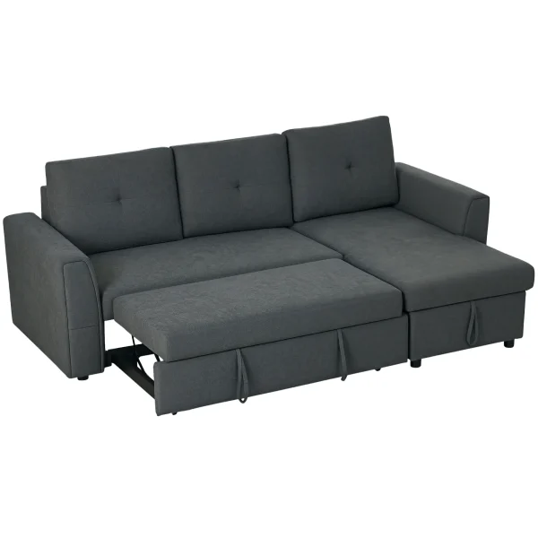 Dark grey 3-seater sofa bed with armrests and storage compartment