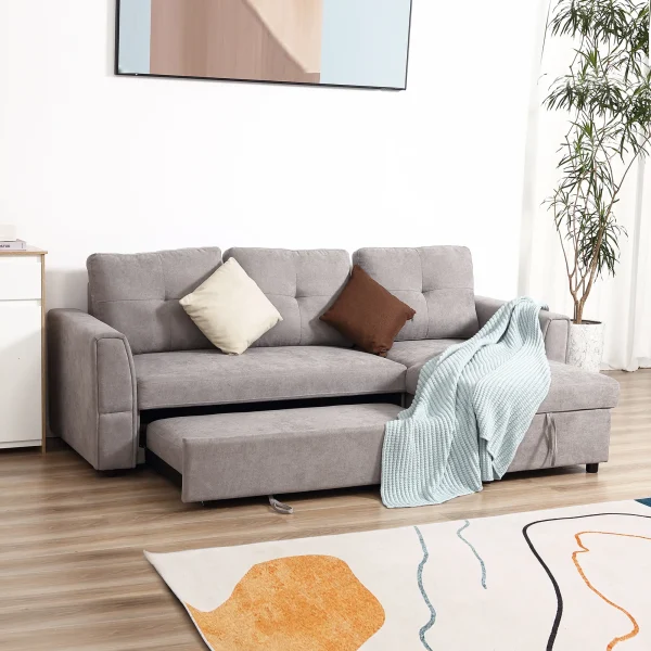 Linen-effect corner sofa bed with cushions and storage compartment