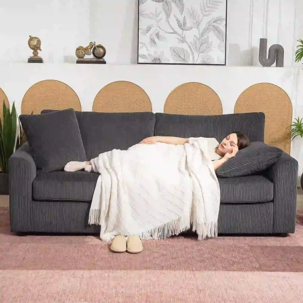Soft textured corduroy three-seater sofa close-up