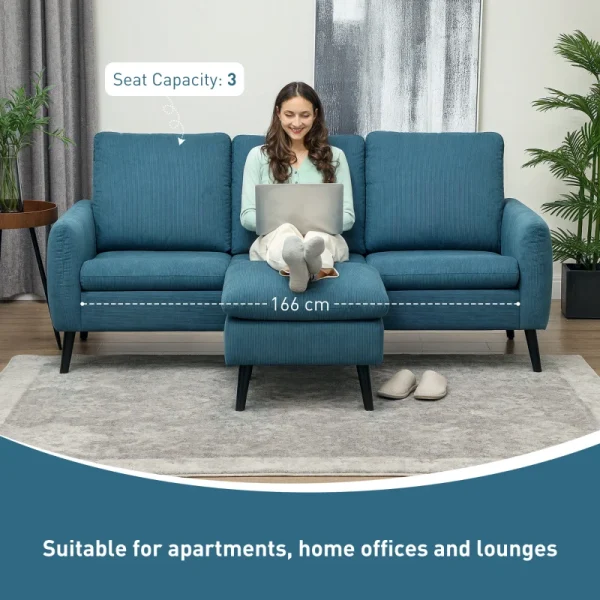Blue modular sofa with adjustable ottoman for left or right-hand layout