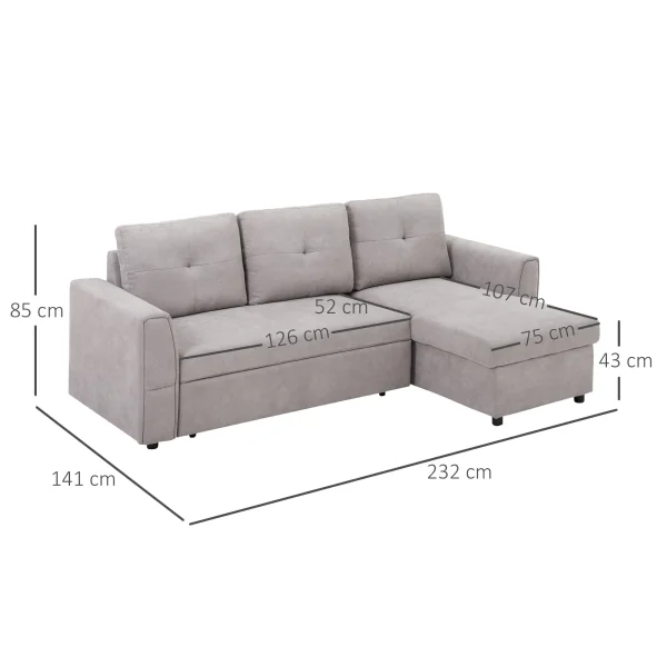 Convertible corner sofa bed with chaise and under-seat storage
