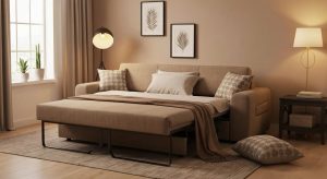 Modern sofa bed in a cozy living room, highlighting its dual functionality and stylish design