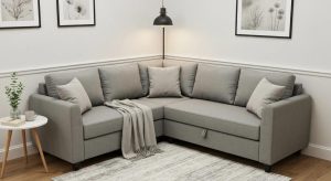 Cozy small corner sofa in a modern studio flat, highlighting space-saving comfort and style