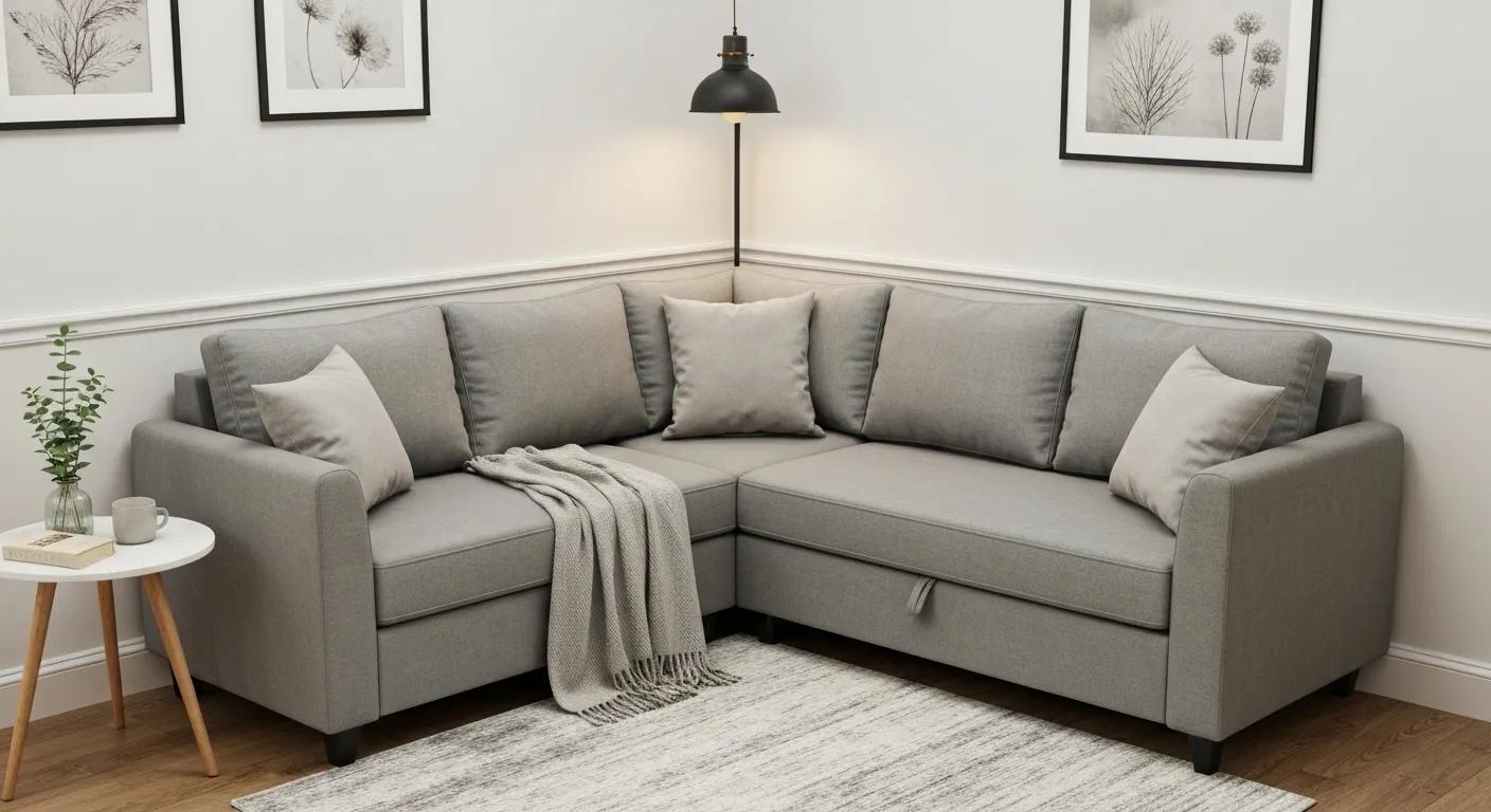 Cozy small corner sofa in a modern studio flat, highlighting space-saving comfort and style