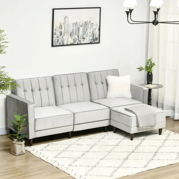 Velvet-feel 3-seater corner sofa bed with footstool and reclining backrest
