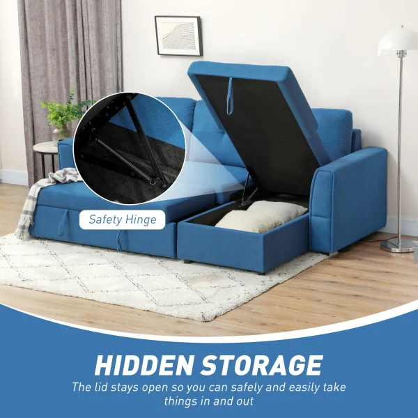 Sofa bed with under-seat storage compartment open
