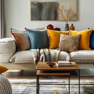 Stylish living room with a well-styled sofa, showcasing throw pillows and a cozy blanket