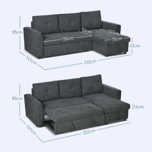 Convertible click-clack sofa bed in dark grey with chaise lounge