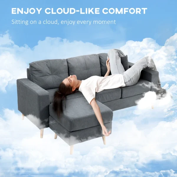 Compact corner sofa with removable cushions and linen-style fabric upholstery