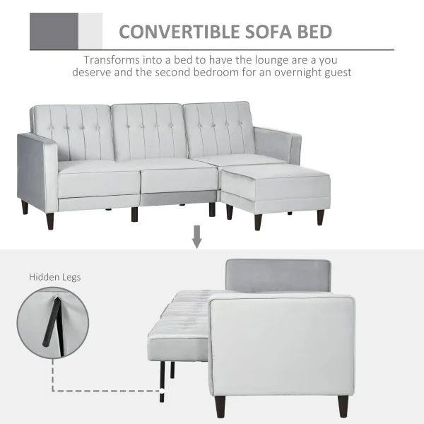 Stylish light grey sectional sleeper sofa with thick cushions and wooden legs