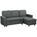 Charcoal grey L-shaped pull-out sofa bed with chaise and storage drawer