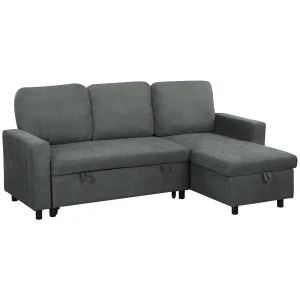 Charcoal grey L-shaped pull-out sofa bed with chaise and storage drawer