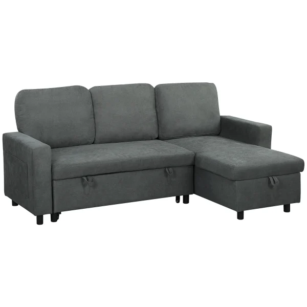 Charcoal grey L-shaped pull-out sofa bed with chaise and storage drawer