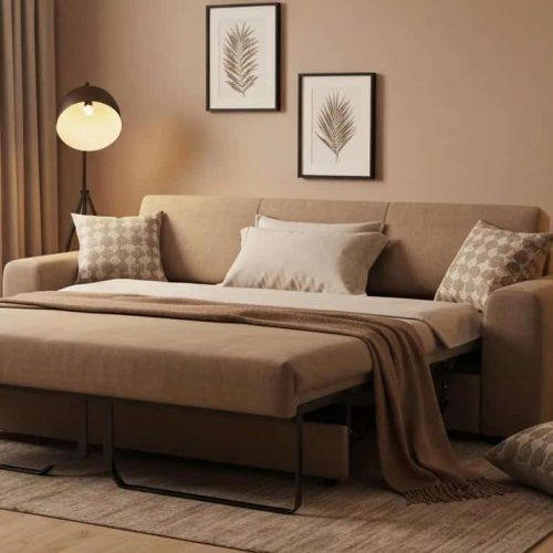 Modern sofa bed in a cozy living room, highlighting its dual functionality and stylish design