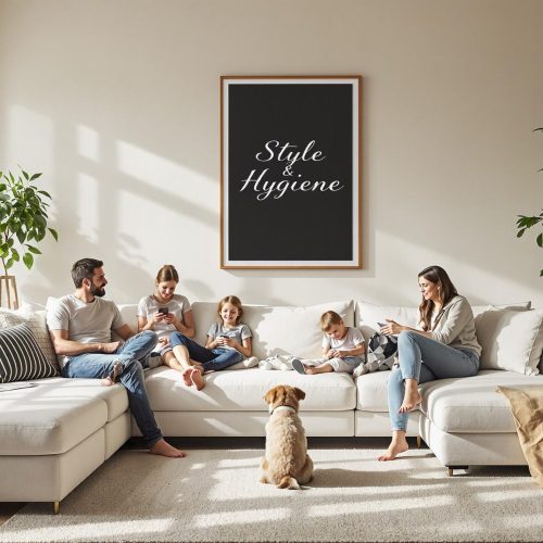 Family relaxing on easy-clean fabric sofa in bright UK living room